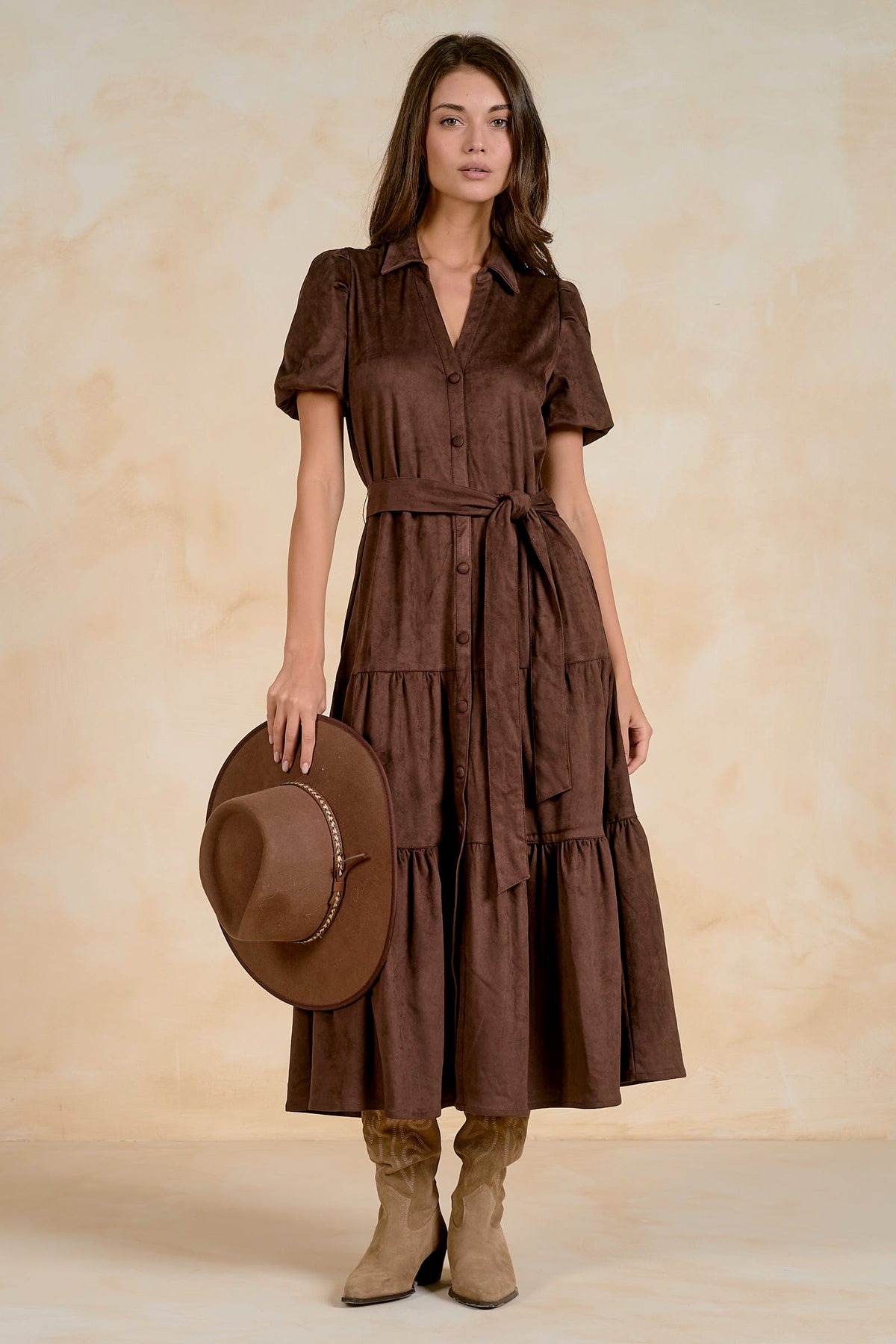 FAUX SUEDE PUFF SLEEVE DRESS