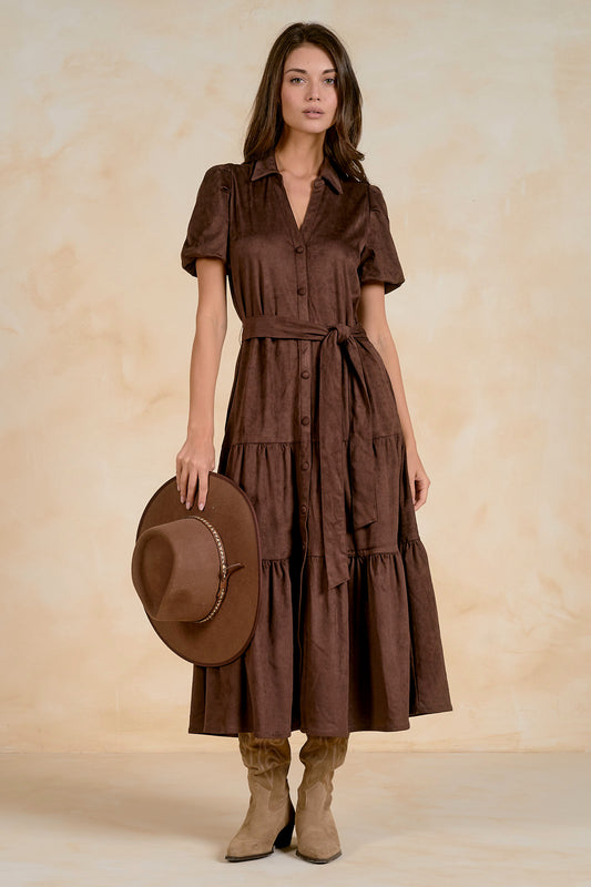 FAUX SUEDE PUFF SLEEVE DRESS