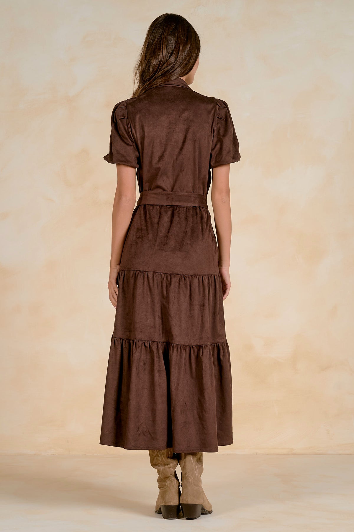 FAUX SUEDE PUFF SLEEVE DRESS