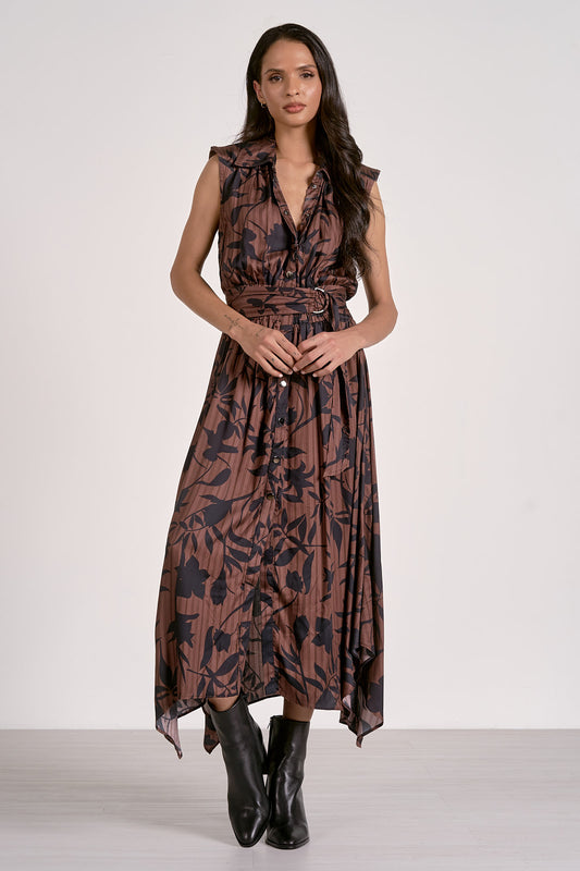 BROWN FOLIAGE BELTED DRESS