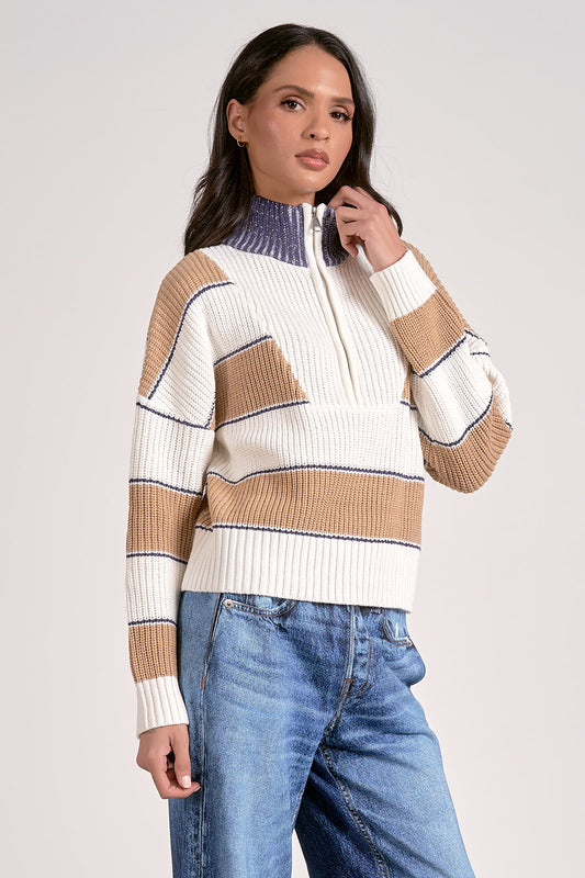 CAMEL & DENIM STRIPE SWEATER