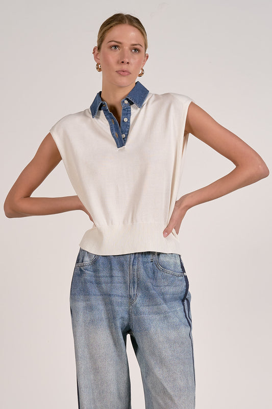 SLEEVELESS TOP WITH DENIM COLLAR